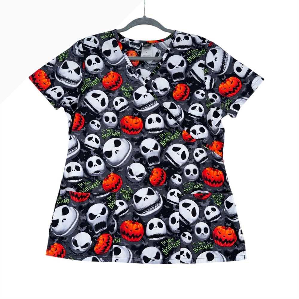 Disney Tim Burton Nightmare Before Christmas Jack‎ Skellington Scrub Top Women M
